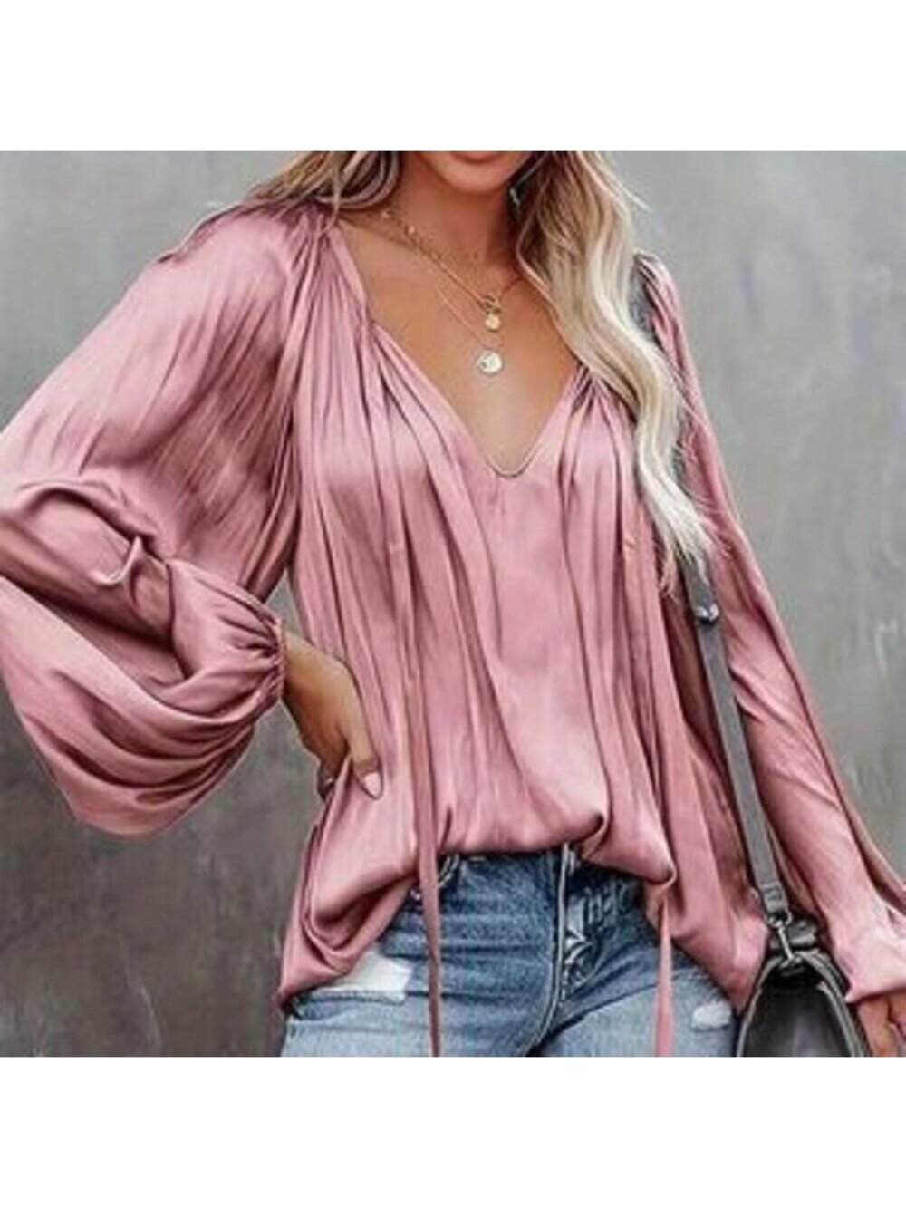 Dusty Pink Casual Women's Elegant Tie Collar Lantern Sleeve Ruched Blouse - Picture 3 of 5